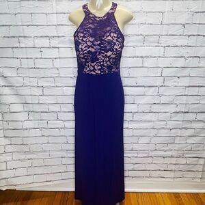 Night Way Womens Purple & Blue Sleeveless Lace Midi Halter Prom Dress Size 12